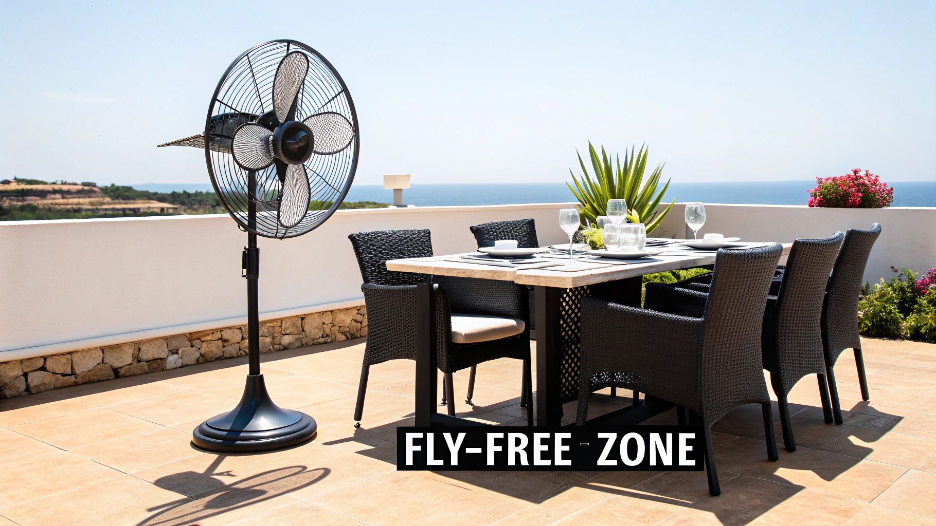 A scenic outdoor patio dining area with a large black fan and ocean view, creating a fly-free zone.