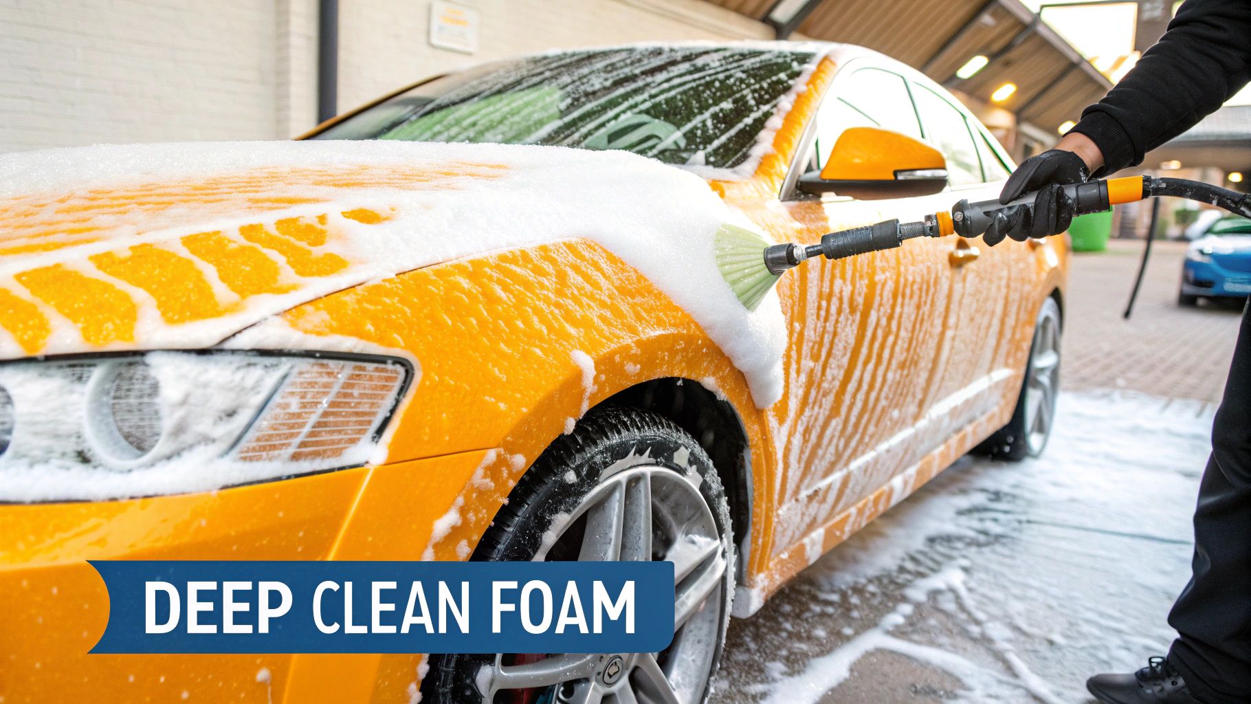 A person in black gloves washes a bright orange car covered in thick white foam with a brush.