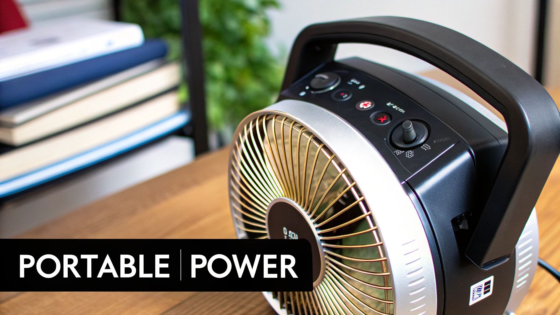 A battery operated table fan on a wooden desk next to a laptop.