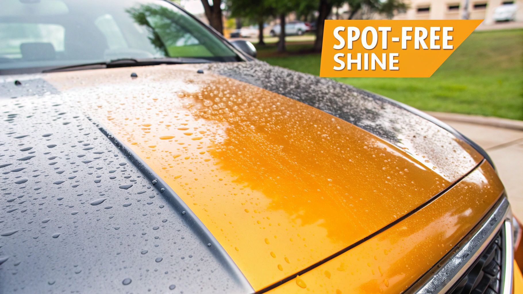 Close-up of a car hood with water droplets beading on its surface, indicating a spot-free shine.