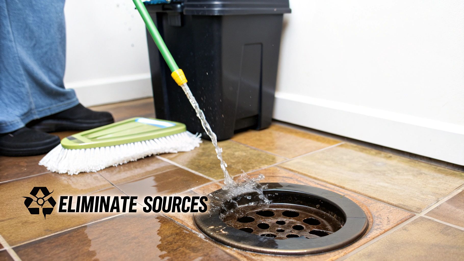 A person cleans a tiled floor with a mop, bucket, and hose, directing water towards a floor drain.
