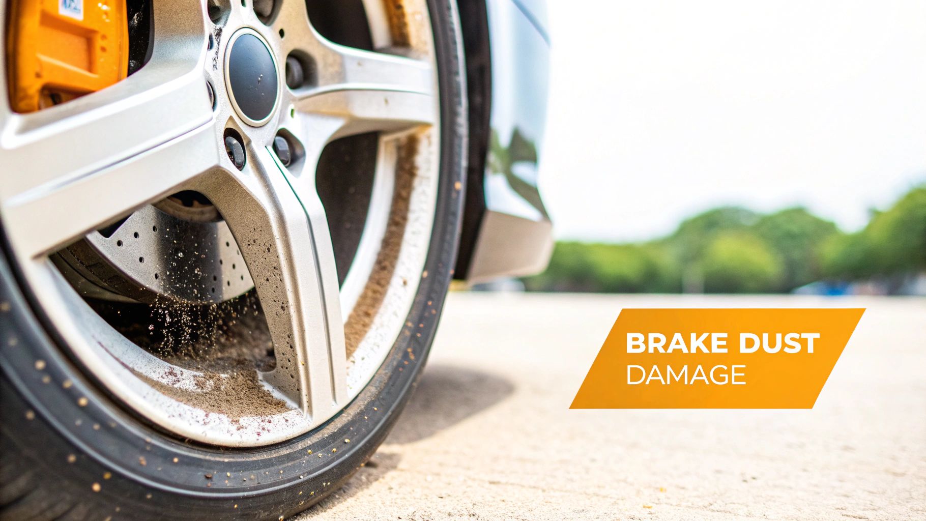 Close-up of a dirty car wheel and brake components heavily coated with brake dust.