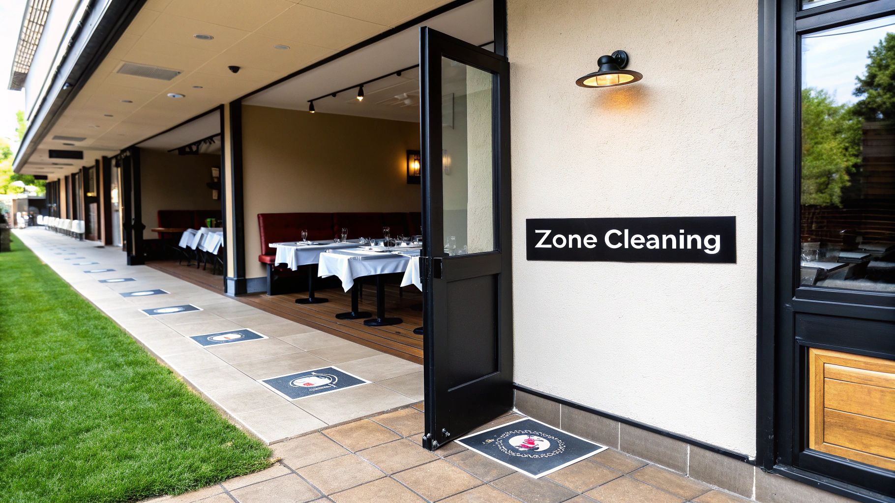 A person in blue gloves meticulously cleaning a stainless steel restaurant kitchen surface.