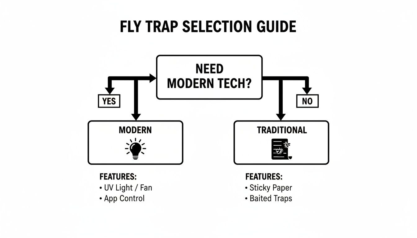 A flowchart guiding the selection of fly traps, distinguishing between modern and traditional options.