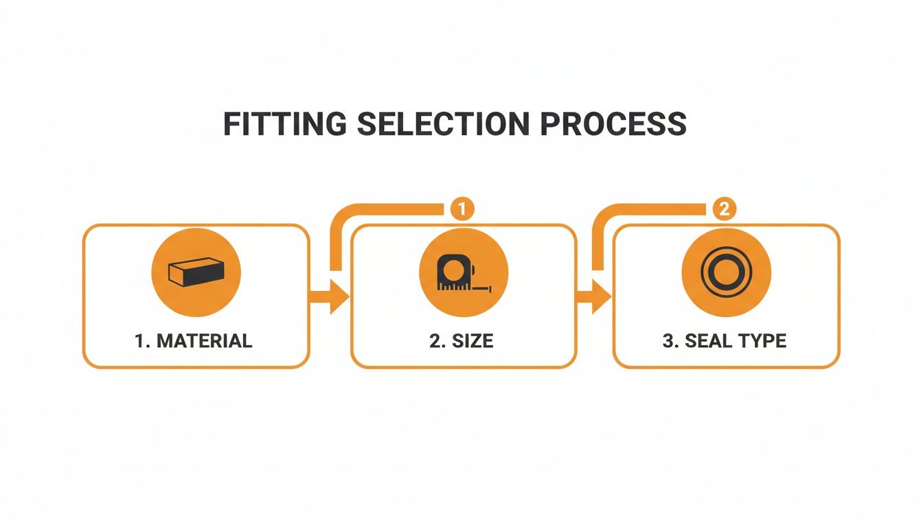 A diagram illustrating the three-step fitting selection process: material, size, and seal type.