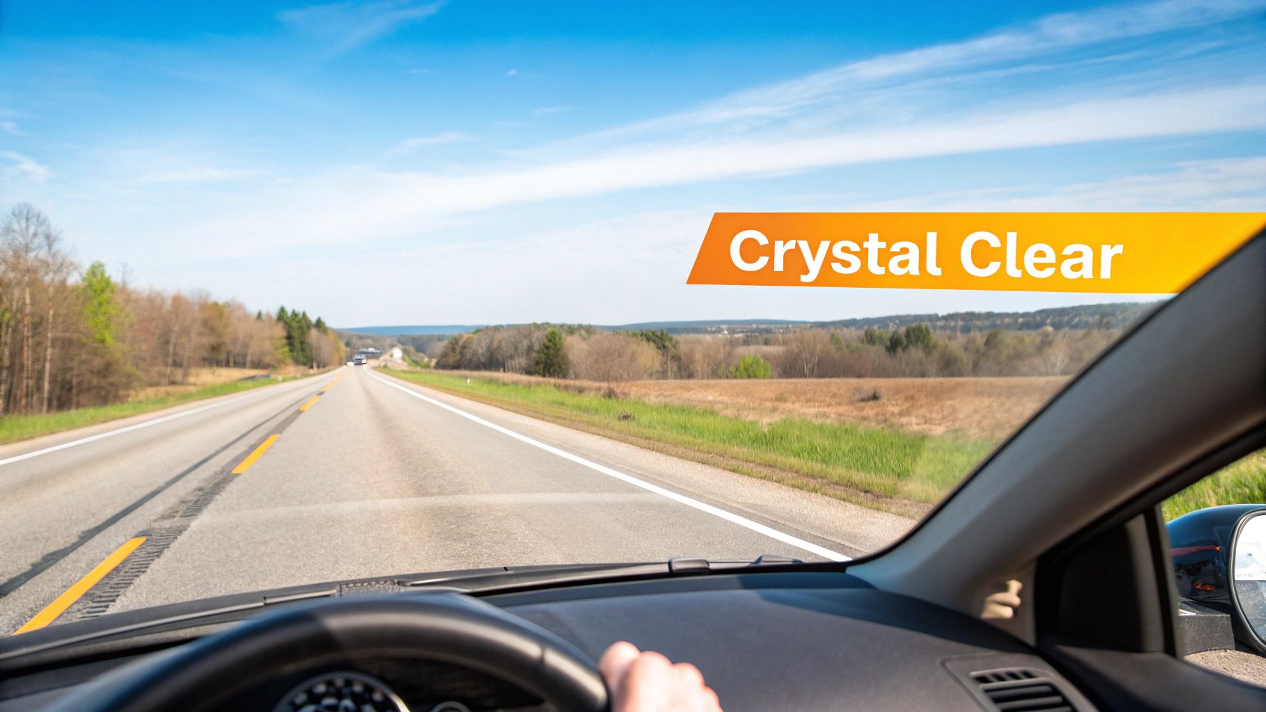 Crystal clear view through windshield while driving on open highway under blue sky