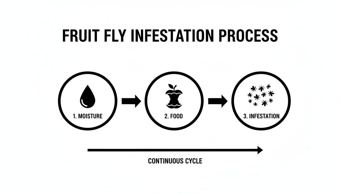 Diagram illustrating the fruit fly infestation process, showing moisture, food, and infestation as a continuous cycle.
