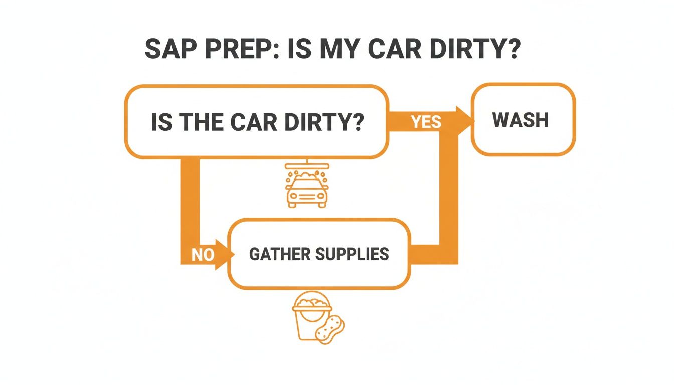 A flowchart titled 'SAP PREP: IS MY CAR DIRTY?' outlining steps for car cleaning and washing.
