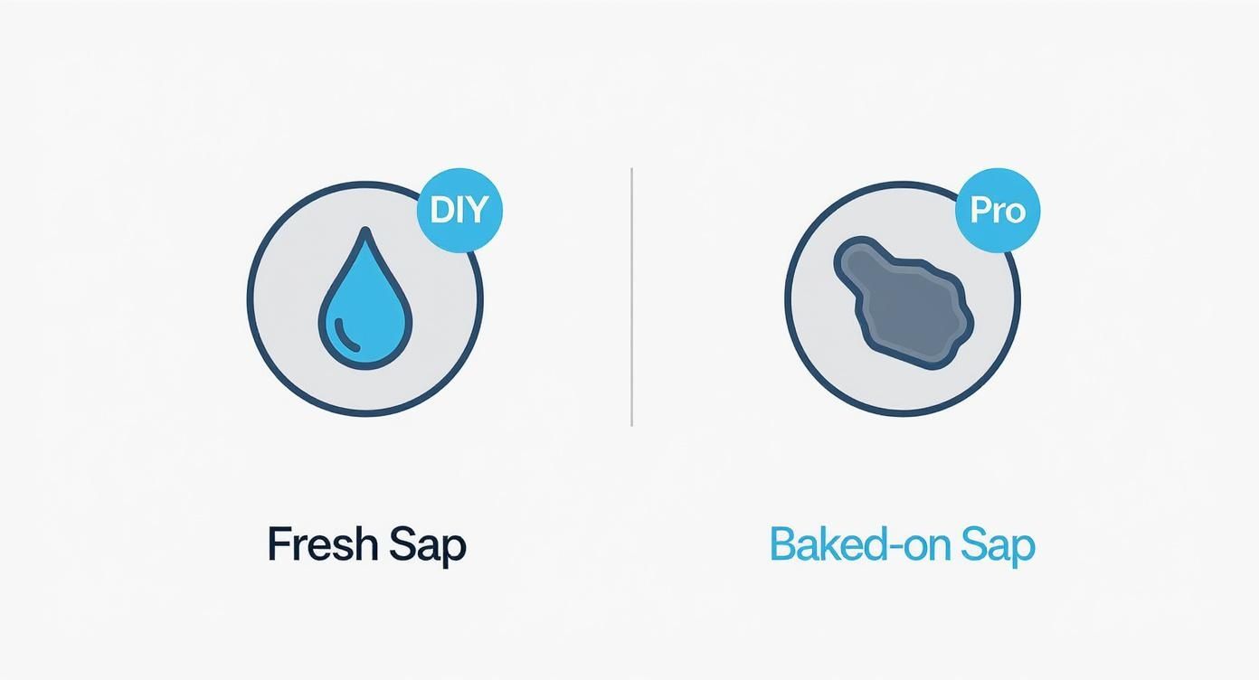 An infographic showing a decision tree for removing tree sap. It asks if the sap is fresh or baked-on, with arrows pointing to a DIY icon for fresh sap and a pro-level product icon for baked-on sap.