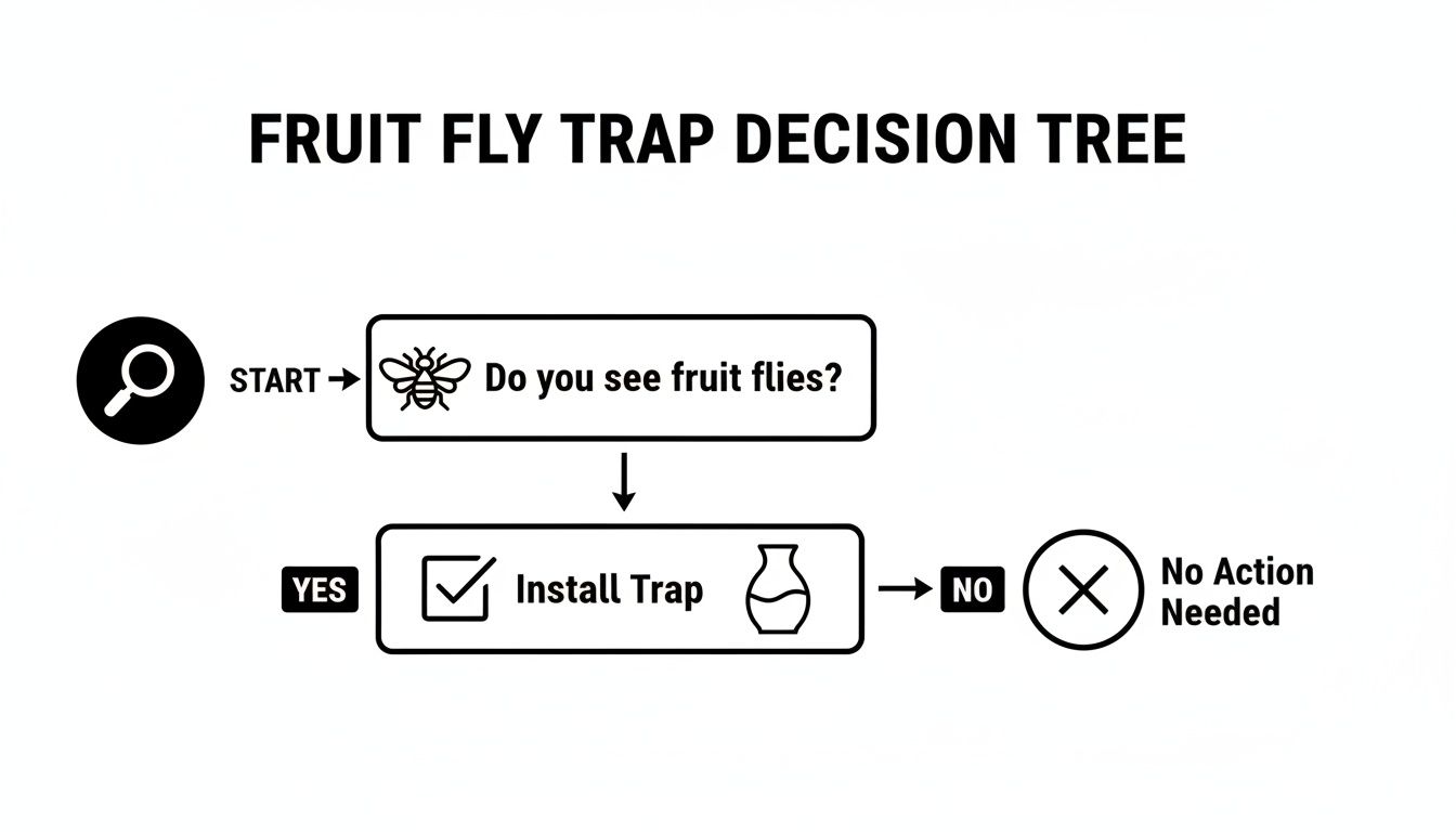 A decision tree flowchart for fruit fly trap, outlining steps from seeing fruit flies to installing a trap.