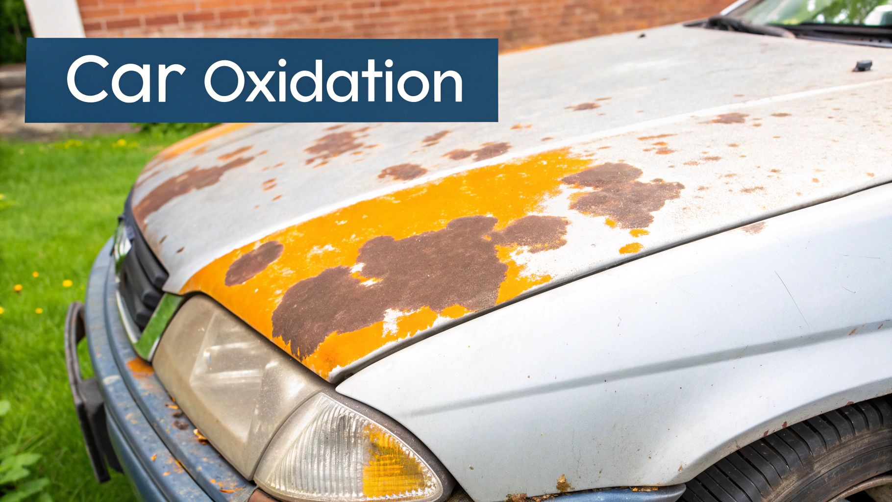 A close-up shot of a red car hood showing severe paint oxidation, with a chalky, faded appearance.