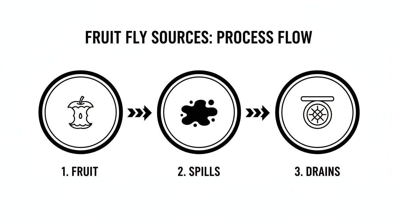 Process flow diagram illustrating fruit fly sources: starting with fruit, then spills, and finally drains.