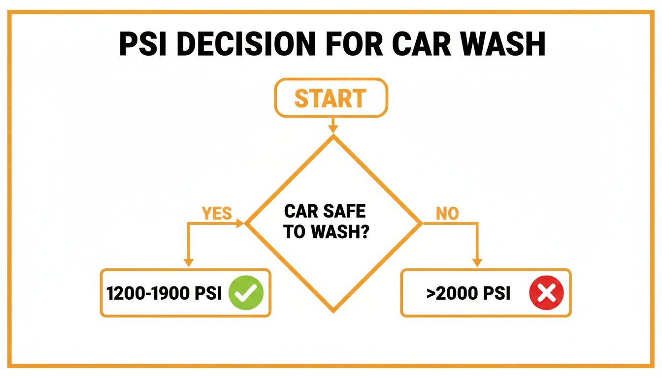 Flowchart illustrating PSI recommendations for car washing. It suggests 1200-1900 PSI if safe, warning against exceeding 2000 PSI.