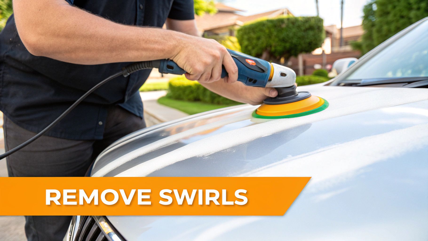 Professional detailer using dual action polisher with buffing pad to remove swirl marks from white car hood