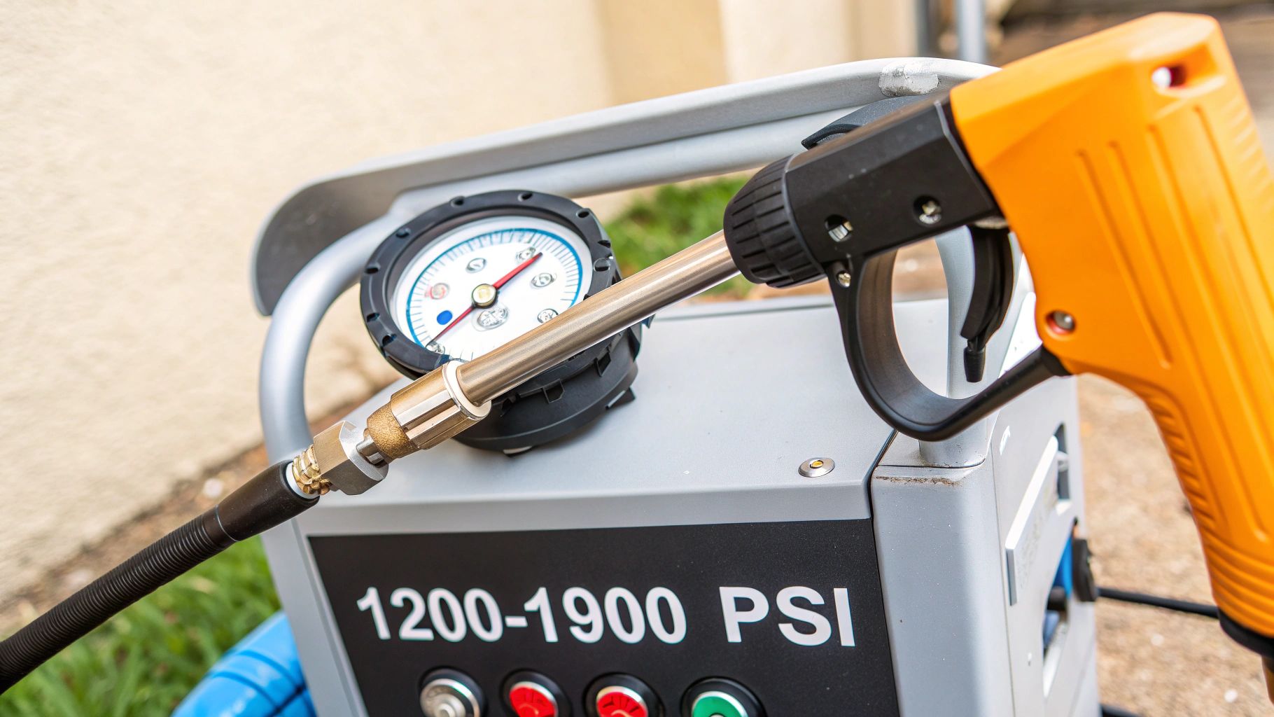 A pressure washer unit and its nozzle attachments sitting on a clean concrete floor.