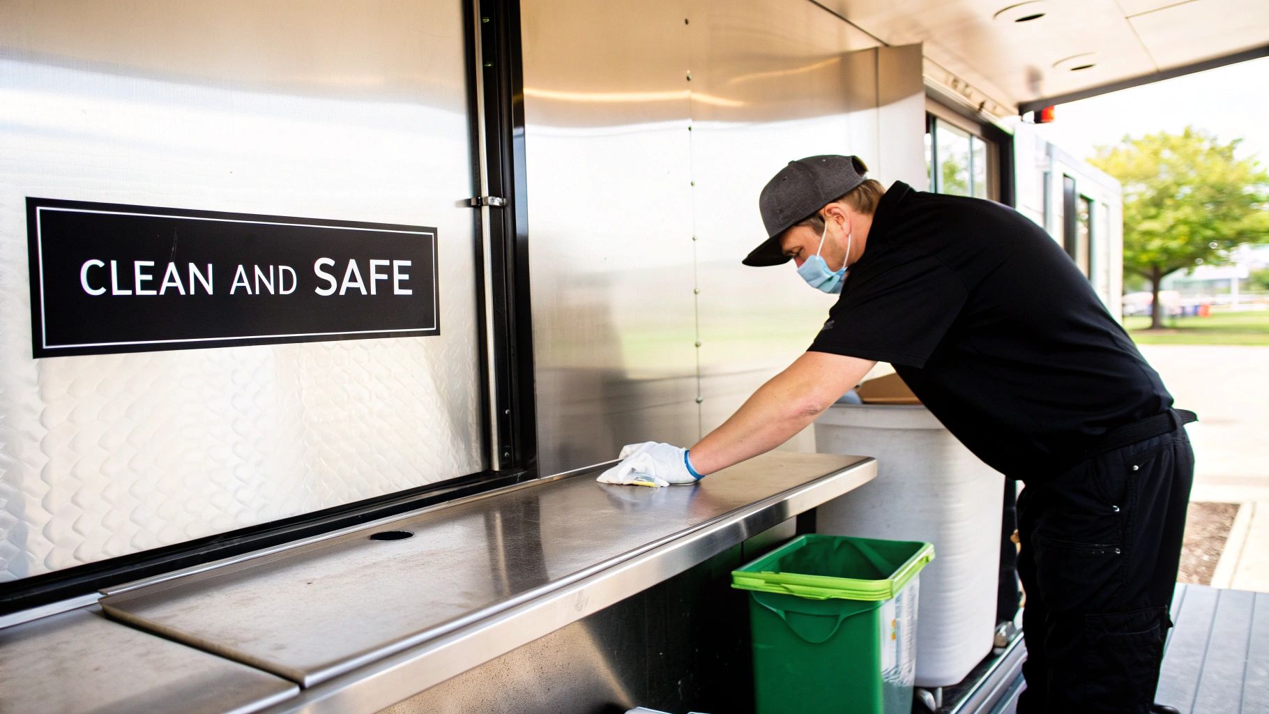 A man wearing a mask and gloves cleans a food truck counter under a 'CLEAN AND SAFE' sign.