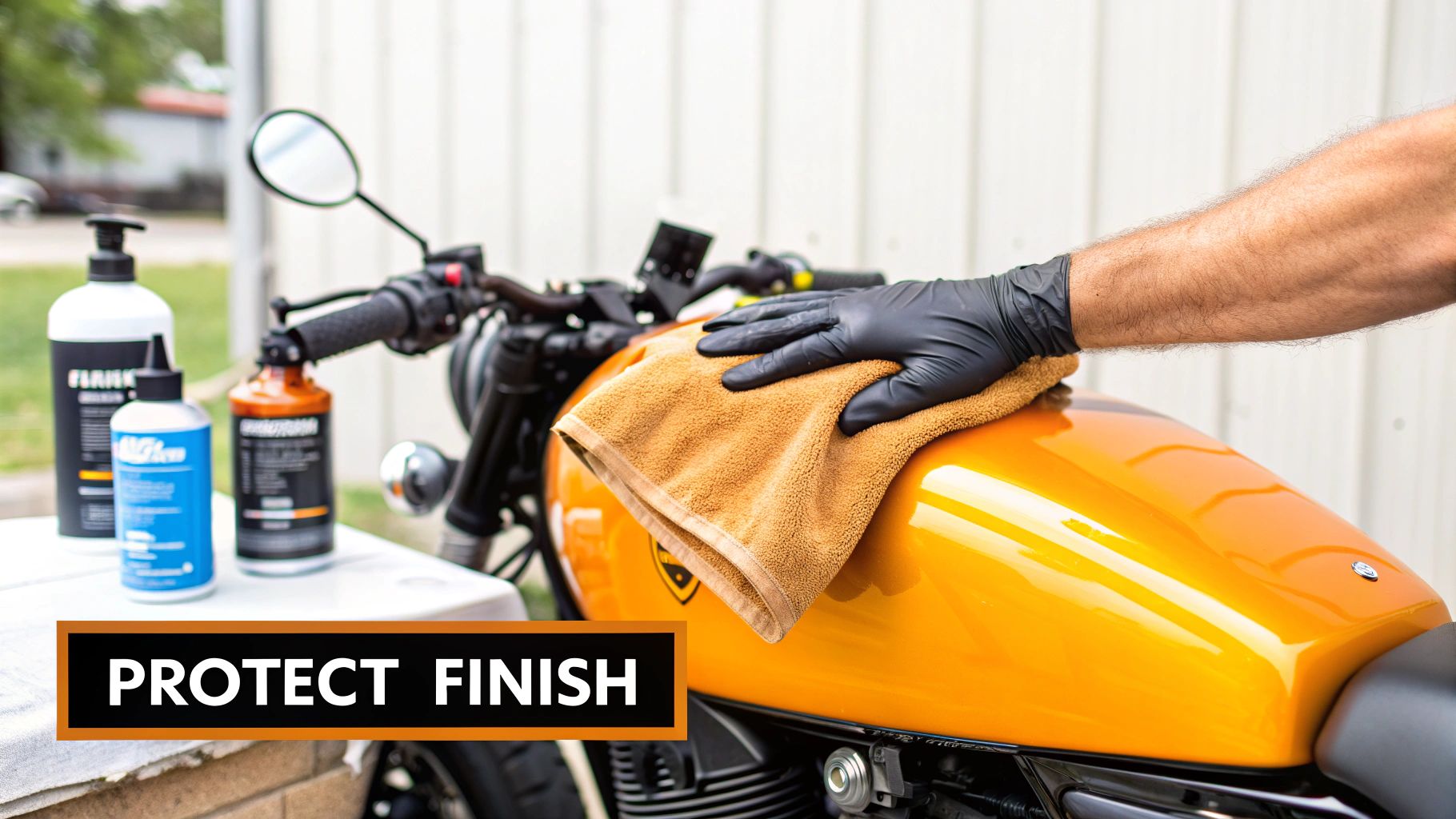 A gloved hand uses a microfiber towel to polish the bright orange fuel tank of a motorcycle, with cleaning products nearby.