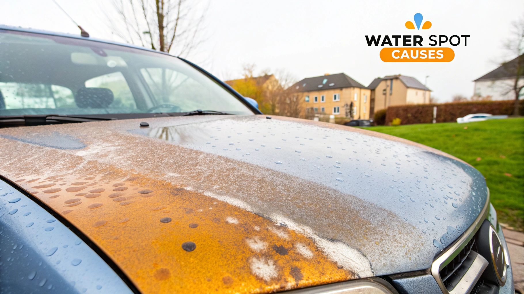 A close-up of stubborn water spots on a car's black paint job.