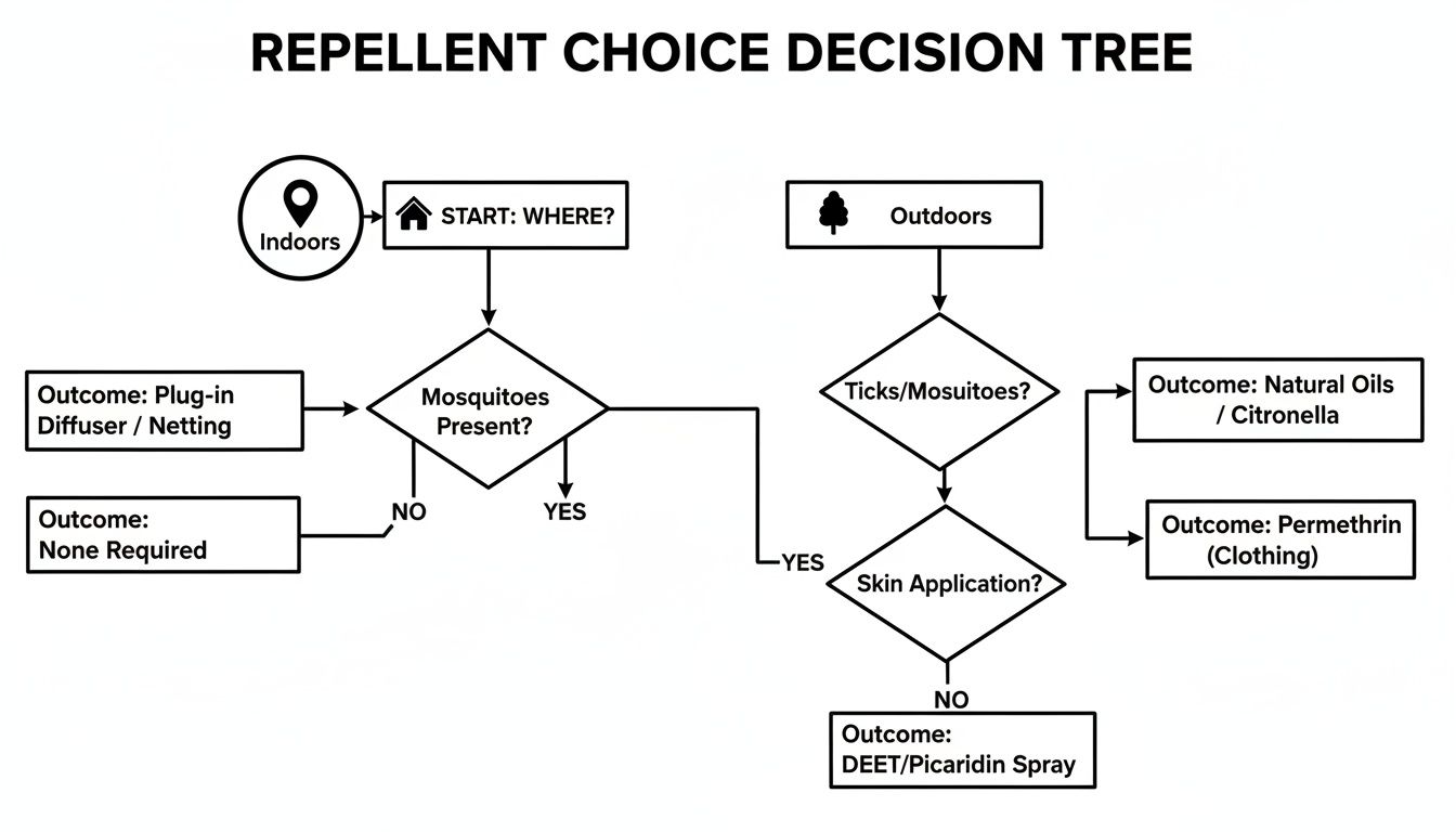 Decision tree outlining insect repellent choices for indoor and outdoor use against mosquitoes and ticks.