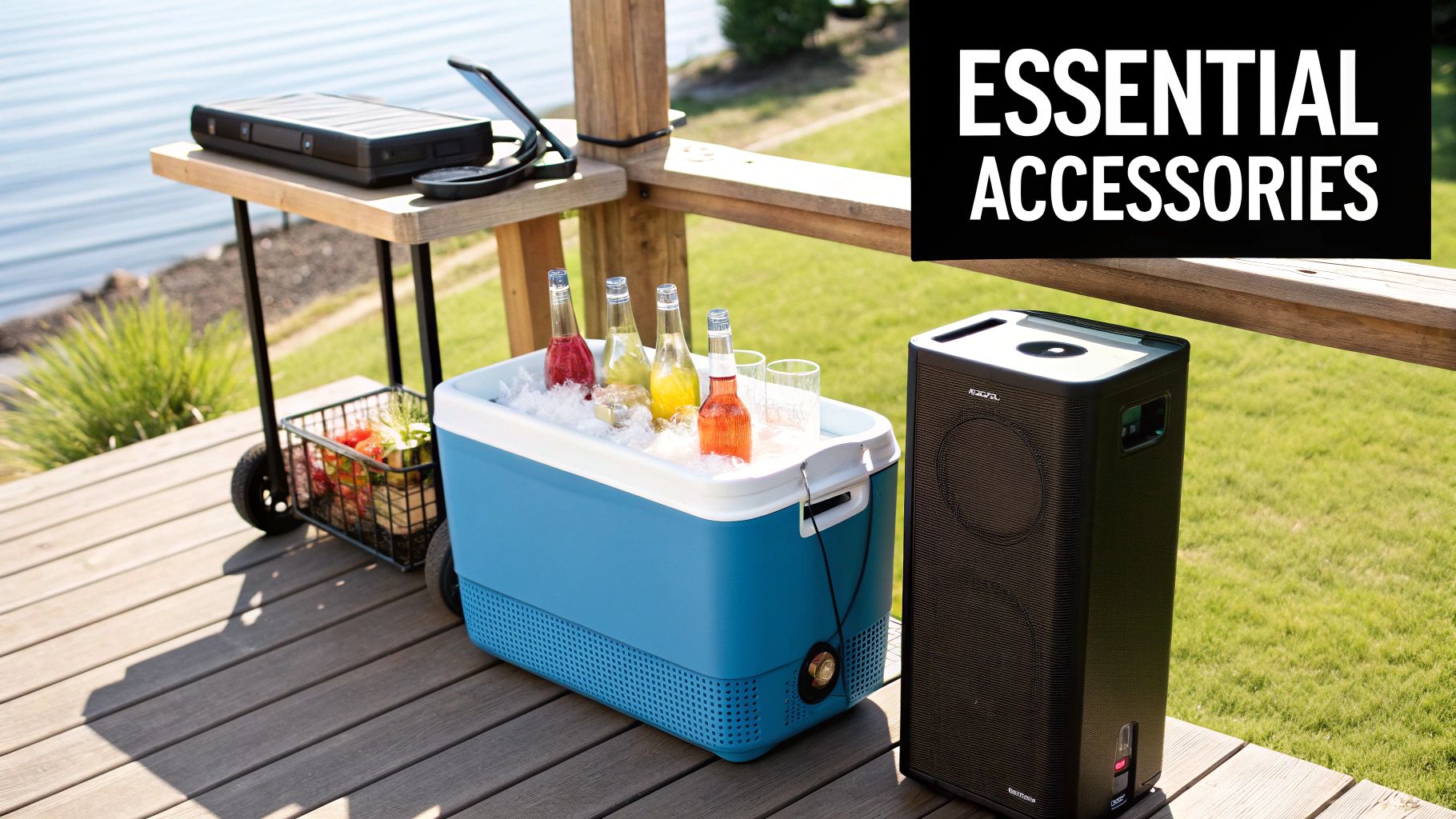 A well-organized beverage station with an ice chest and drink dispensers at a backyard BBQ.