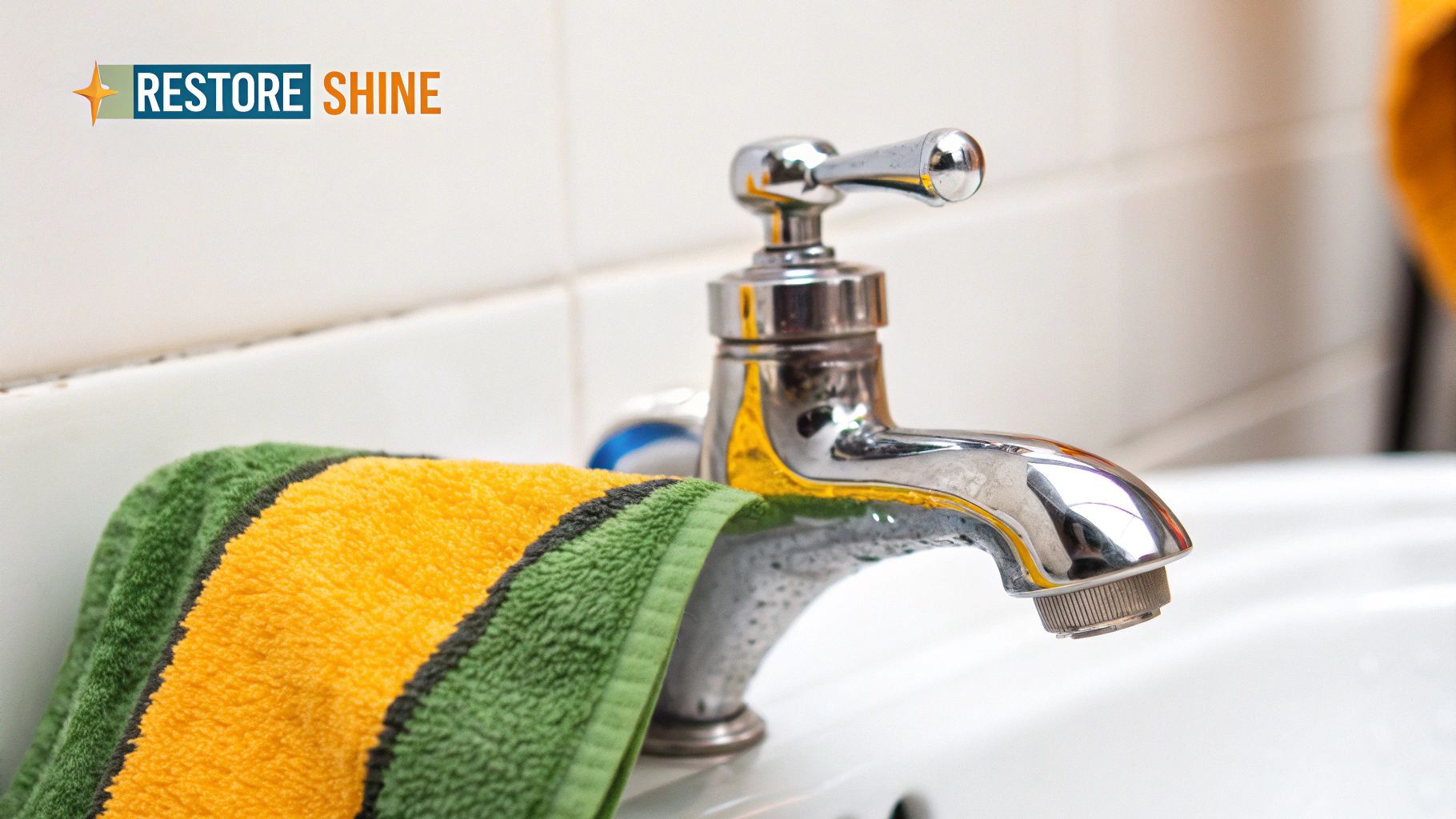 A shiny, modern faucet with hard water spots being wiped clean with a cloth.