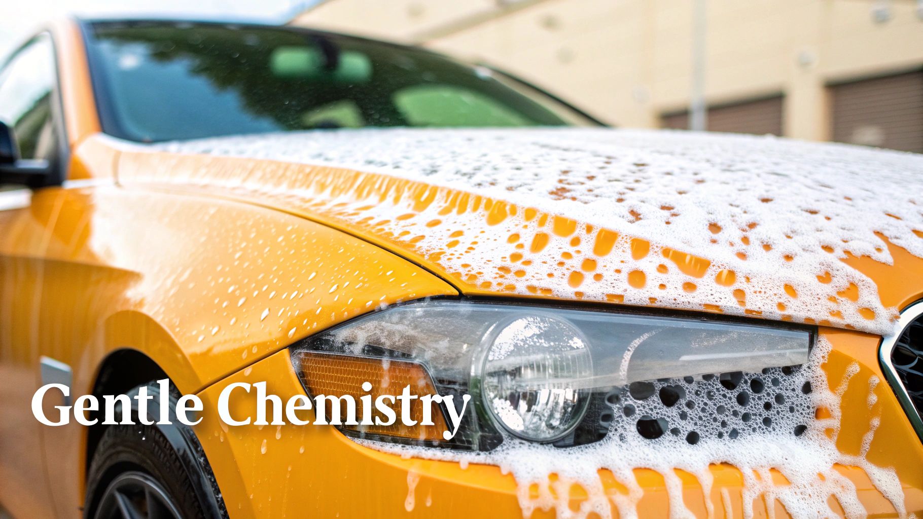Close-up of a yellow car's hood covered in white soap suds during a gentle car wash.