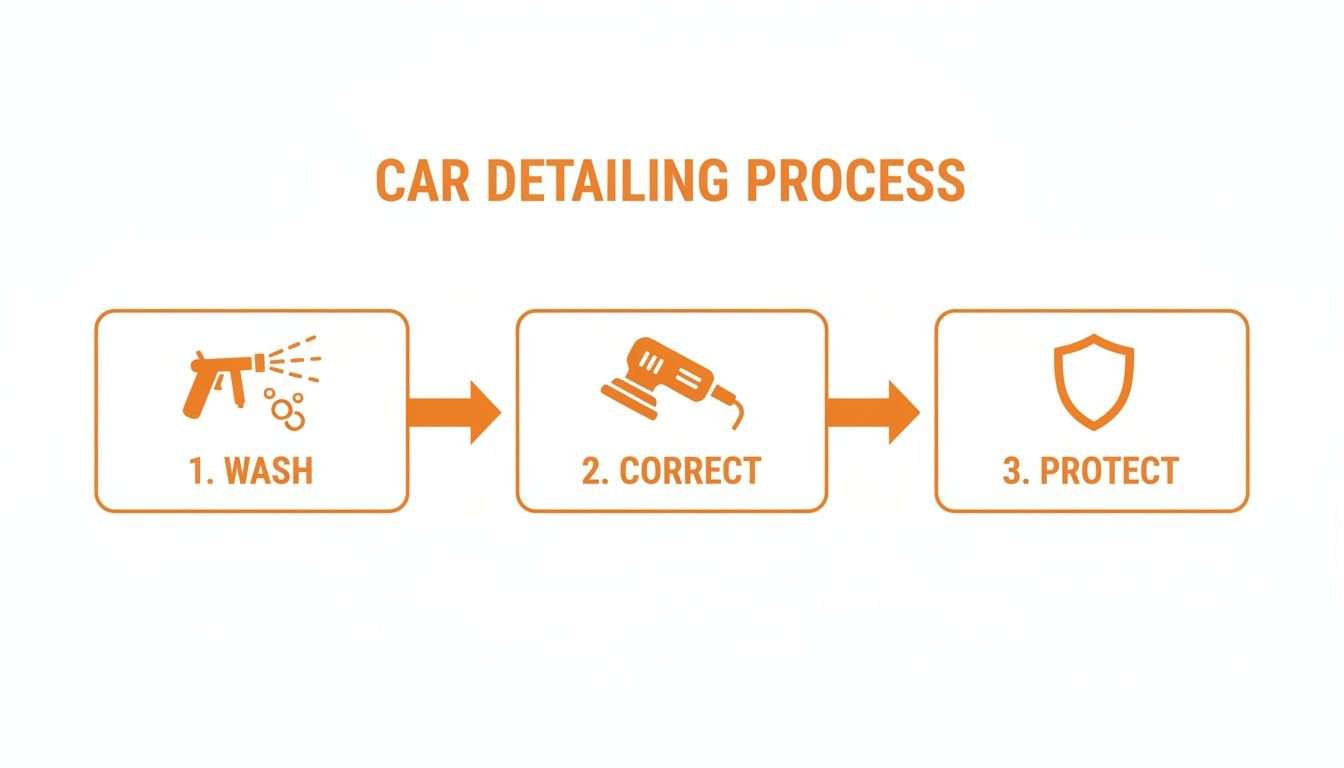 A three-step car detailing process: wash, correct, and protect, illustrated with icons.