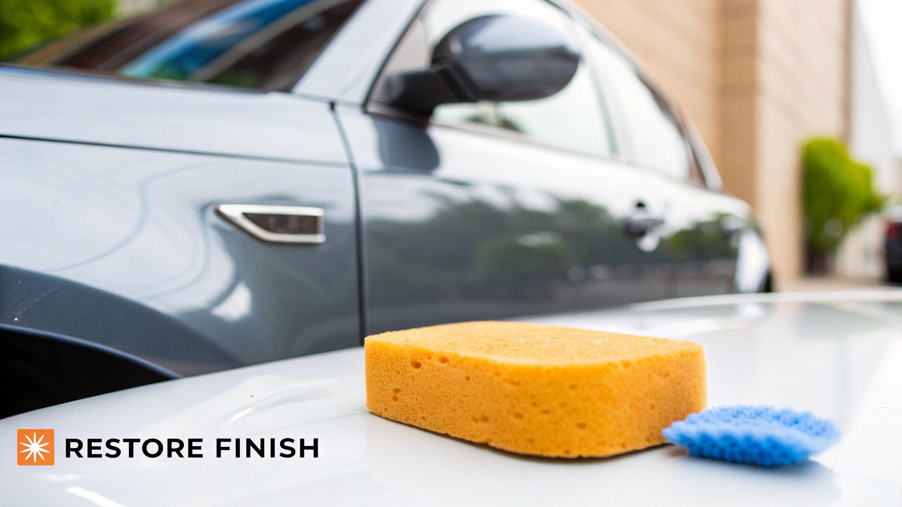 A close-up of a grey car with an orange sponge and a blue pad on its surface, ready for detailing.