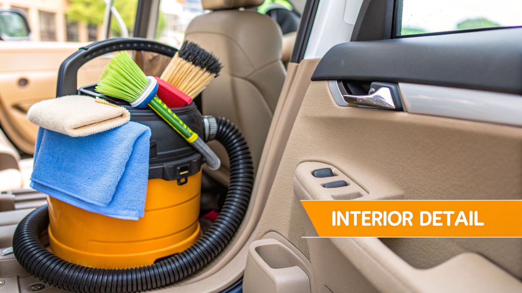 A person vacuuming the interior of a car with a brush attachment