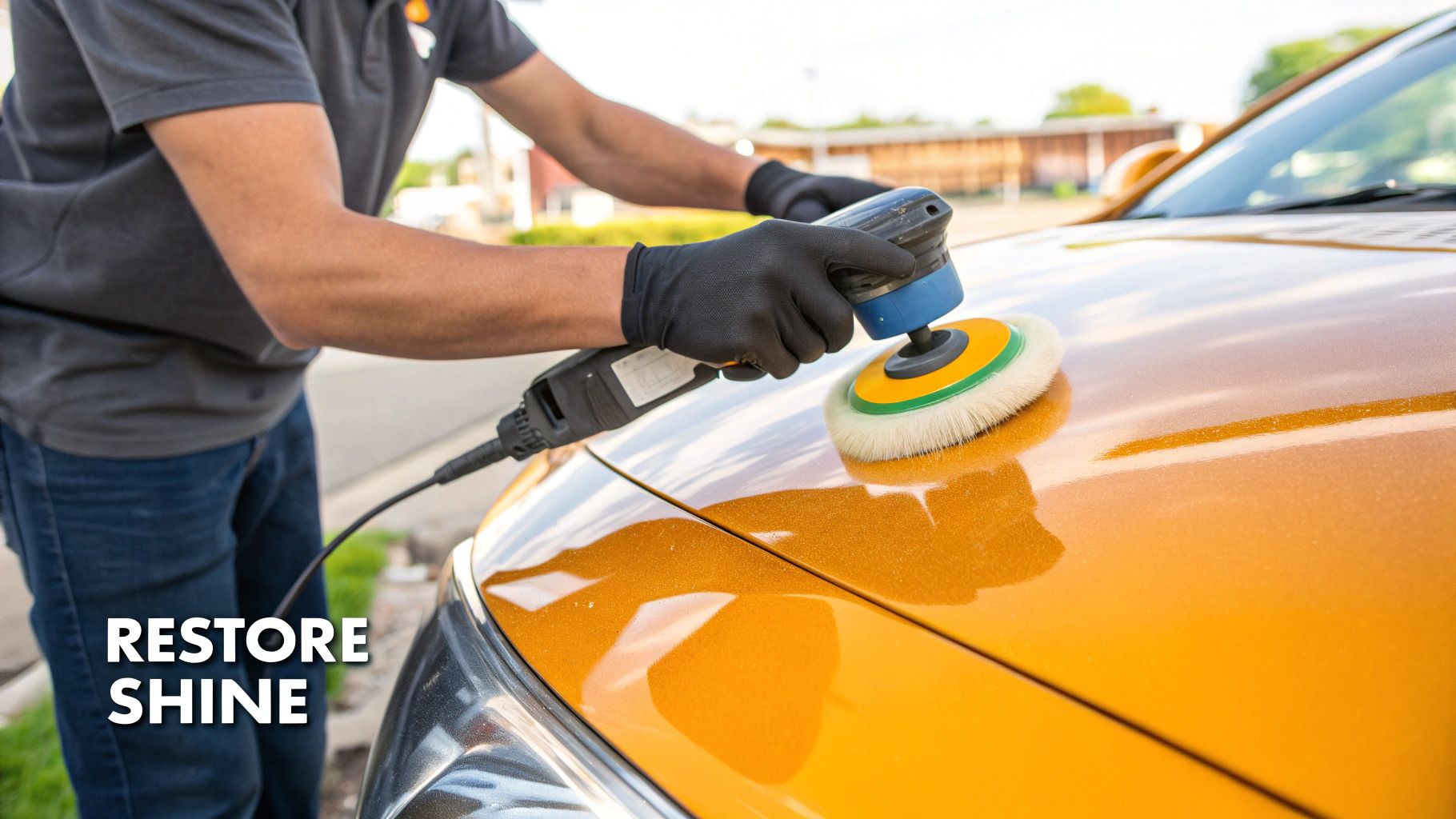 A person waxing a shiny red car with a yellow applicator pad.