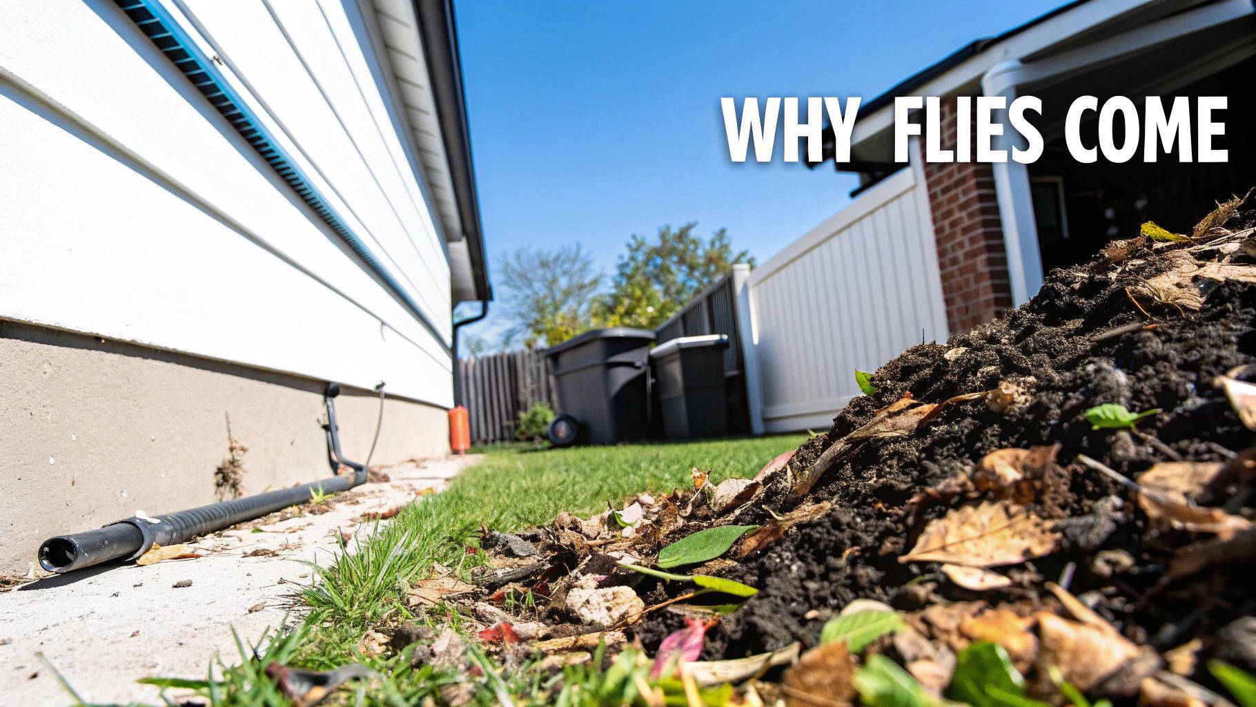 A close-up of a compost pile with leaves and dirt, with a house and trash cans in the background, explaining why flies come.
