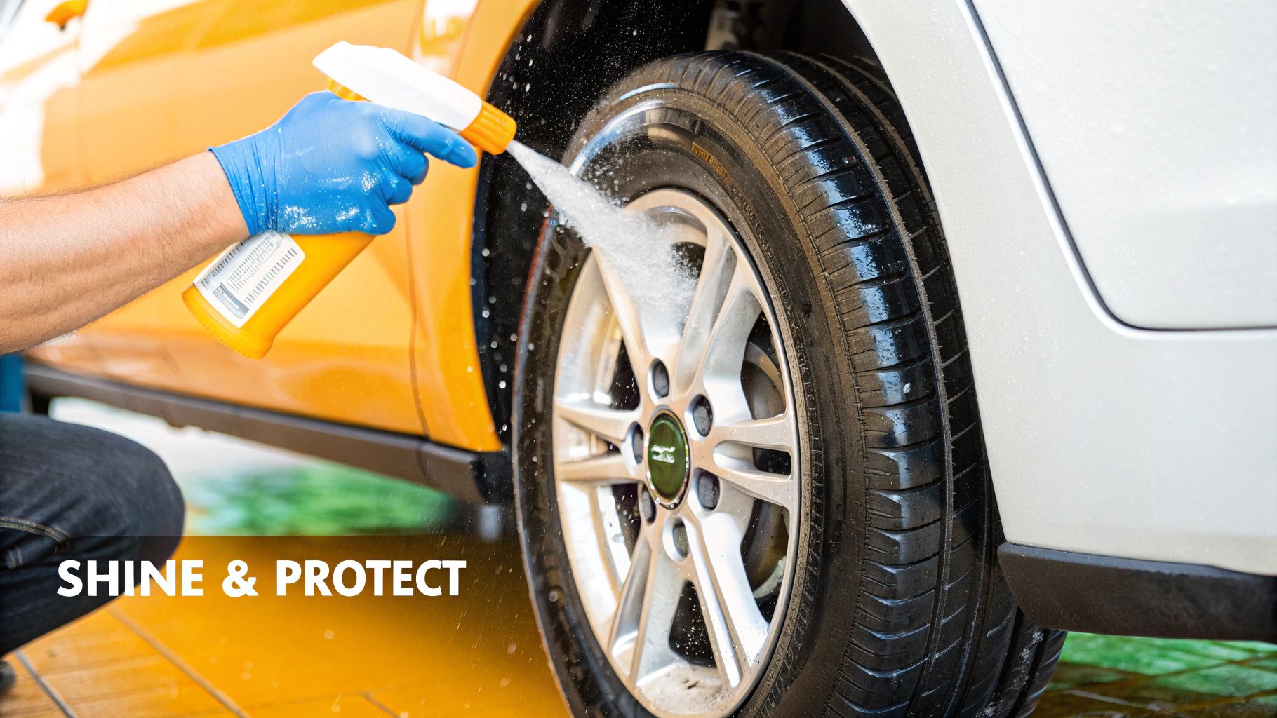A gloved hand applying a liquid tire dressing to a clean black tire with a round yellow applicator.