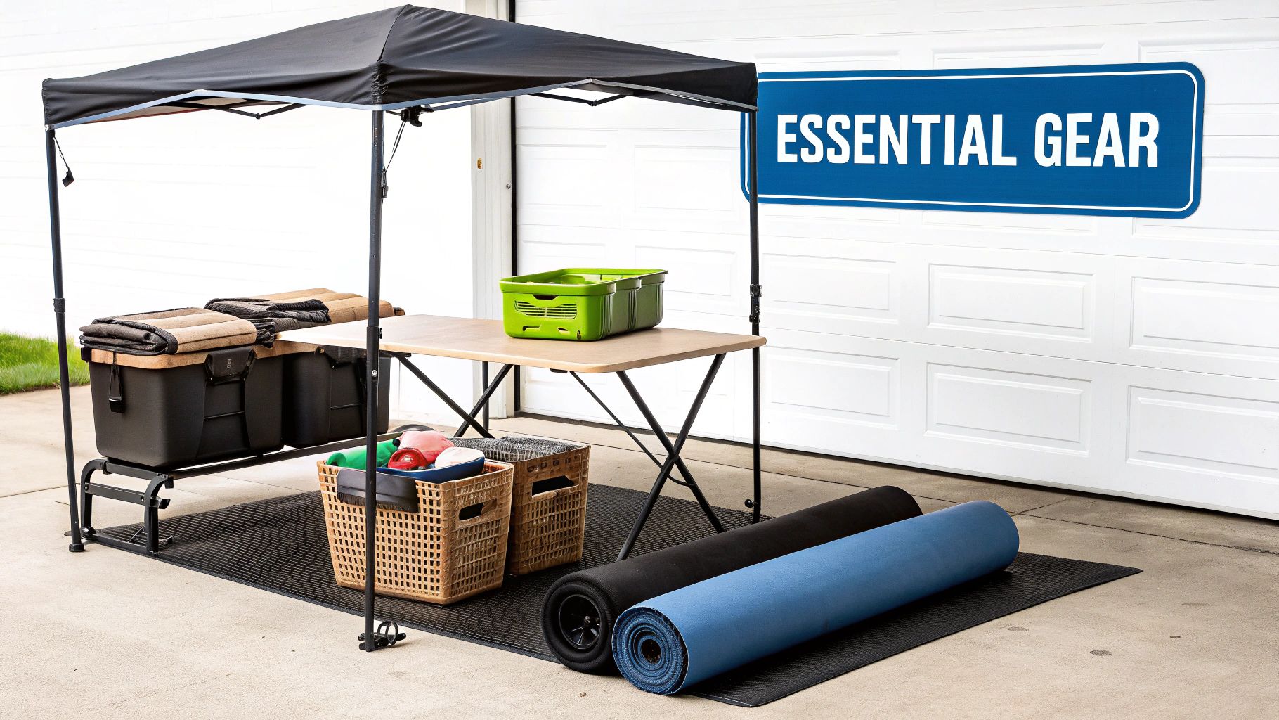 A farmers market booth with a sturdy canopy, tables, and baskets filled with produce.