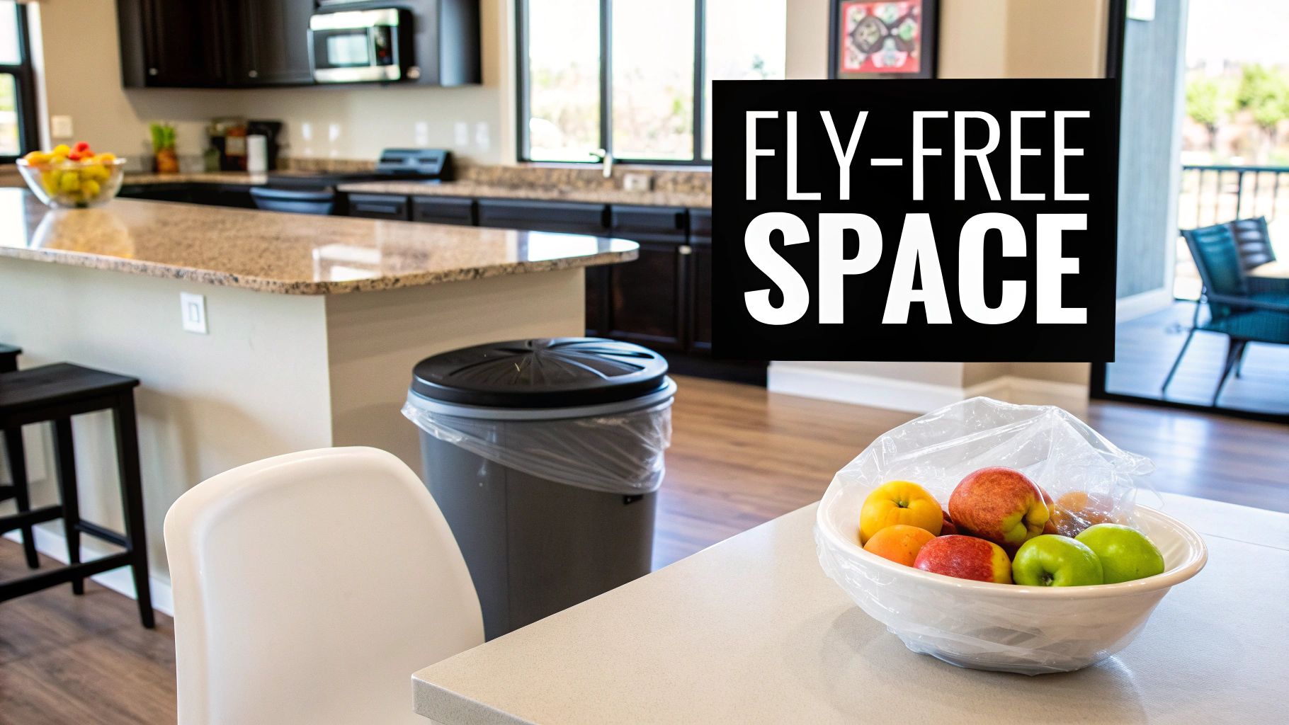 A clean kitchen featuring a fruit bowl wrapped in plastic and a covered trash can, promoting a fly-free space.