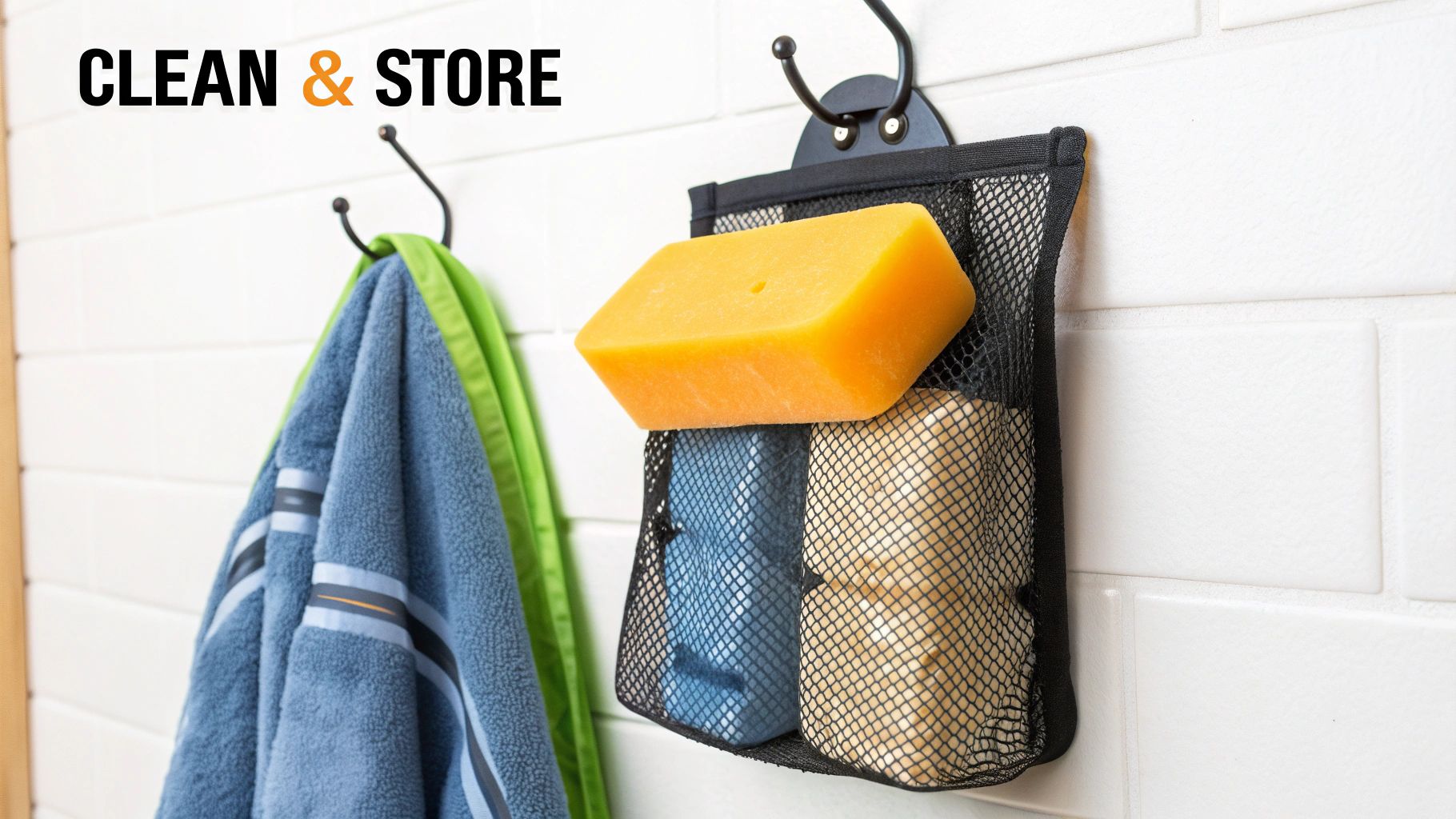 Towels hanging on hooks next to a mesh caddy with a sponge and soap on a white tiled wall.