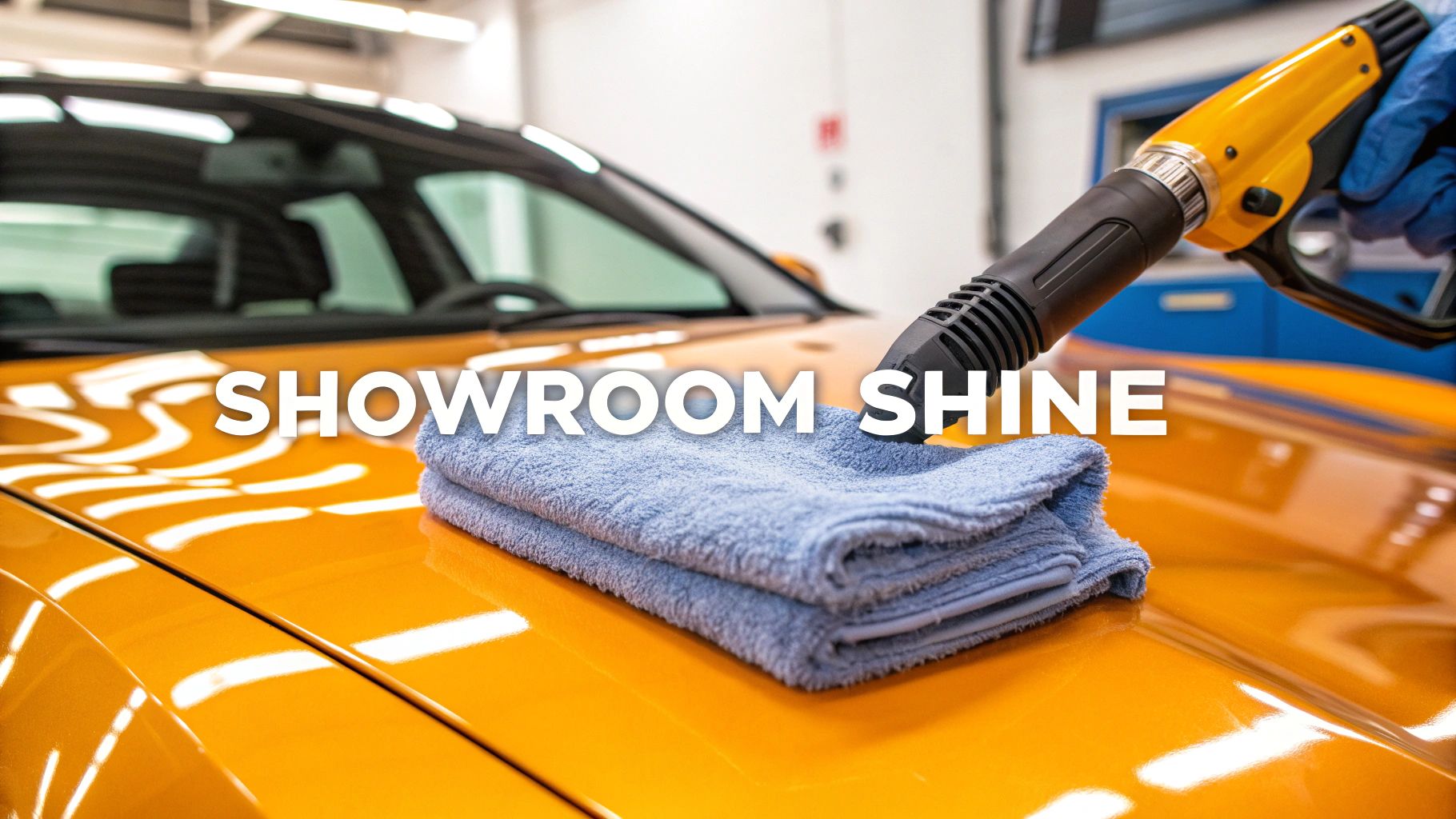 A person polishing a glossy orange car with a detailing tool and microfiber towel for a showroom shine.