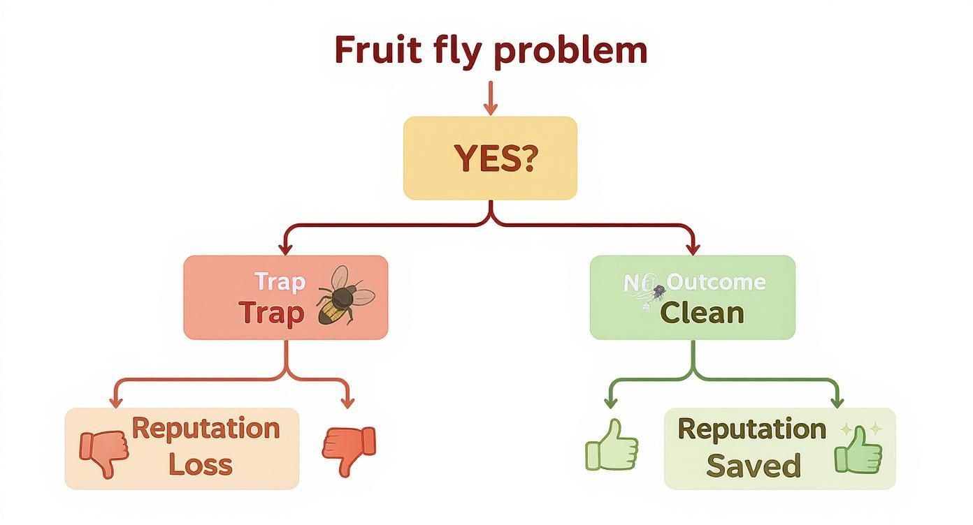Fruit fly problem flowchart illustrating decisions leading to reputation loss or reputation saved outcomes.