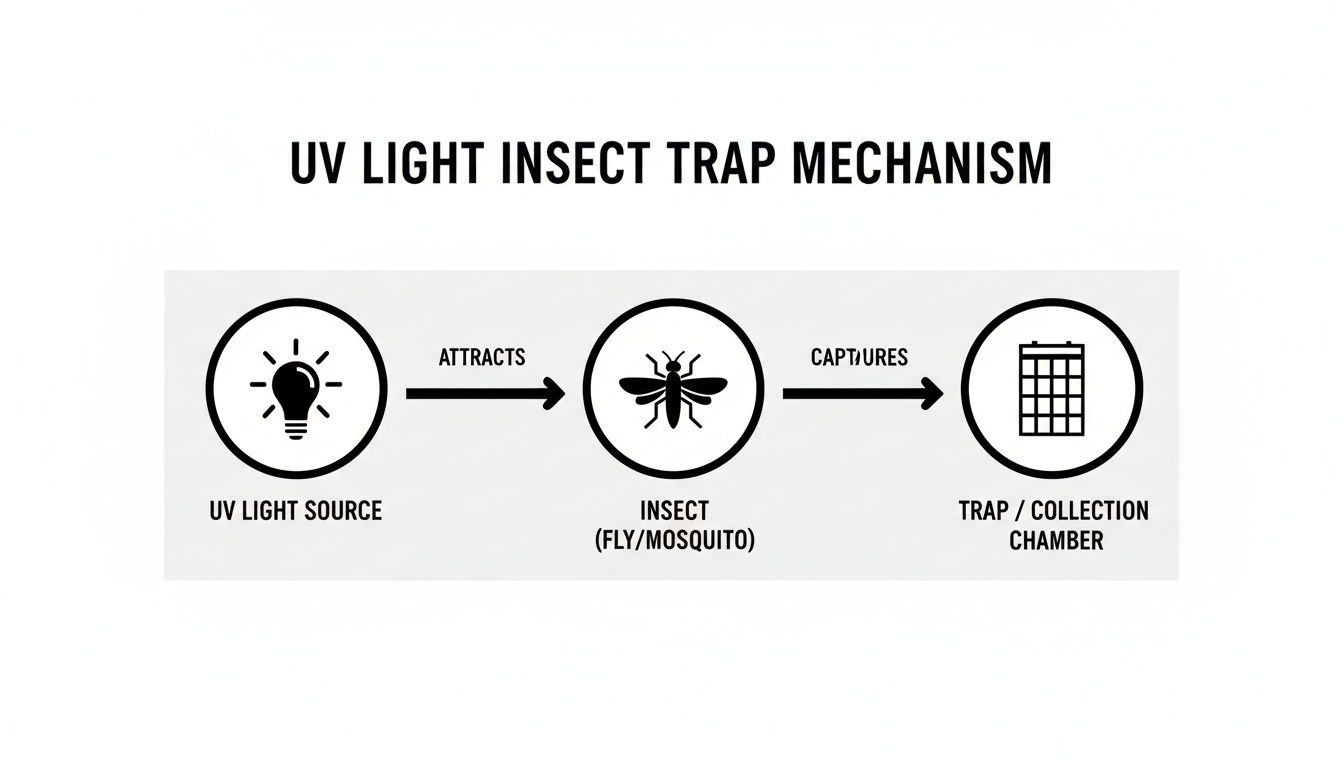Flowchart detailing the UV light insect trap mechanism, attracting insects to a collection chamber.
