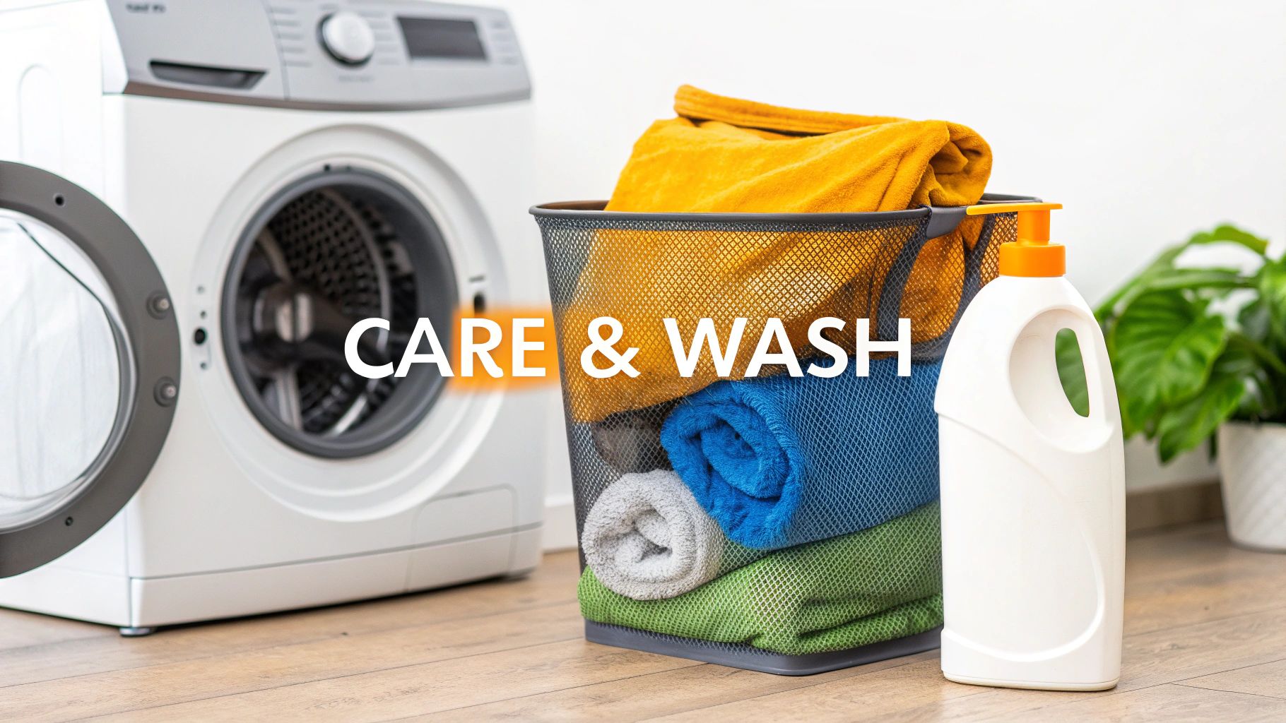 Laundry scene with a washing machine, a basket of colorful towels, and a bottle of detergent.