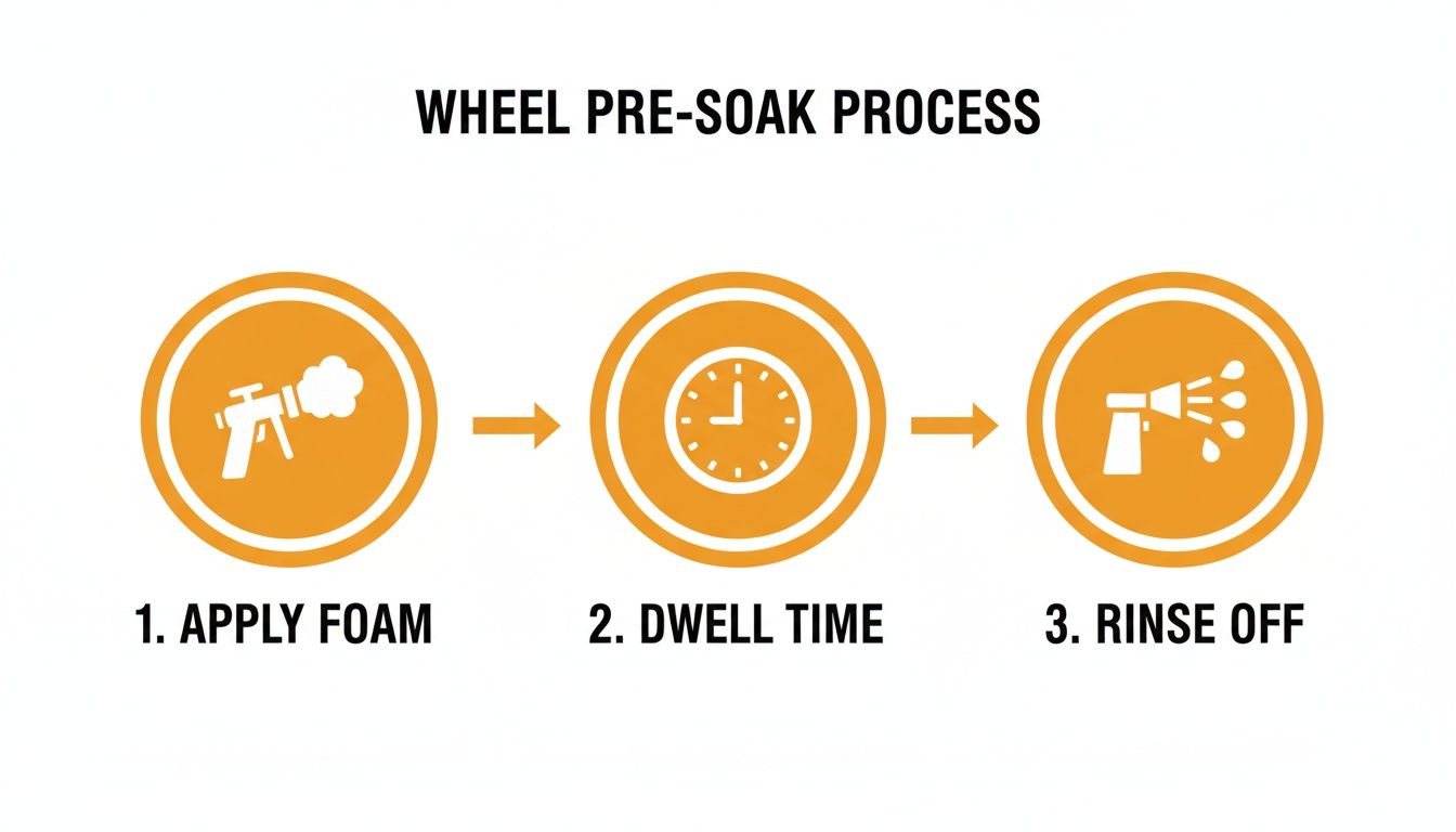Diagram illustrating the 3-step wheel pre-soak cleaning process: apply foam, dwell time, and rinse off.