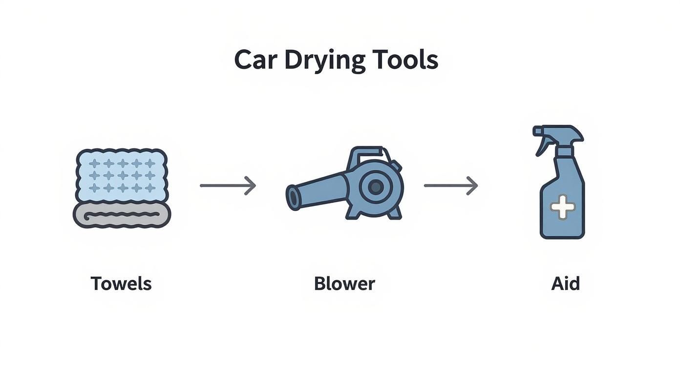Car drying tools sequence showing towels, blower, and aid spray bottle with arrows indicating workflow