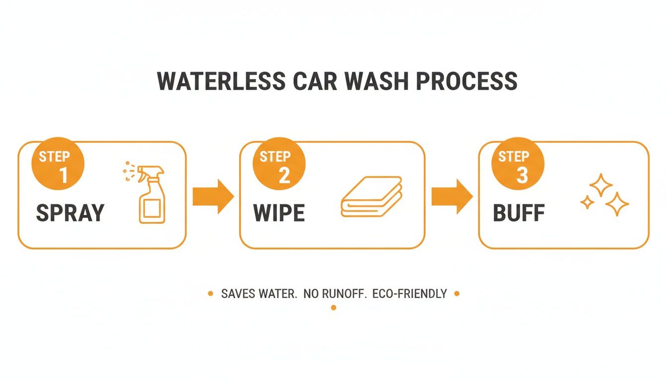 Infographic illustrating a 3-step waterless car wash process: spray, wipe, and buff, emphasizing eco-friendly benefits.
