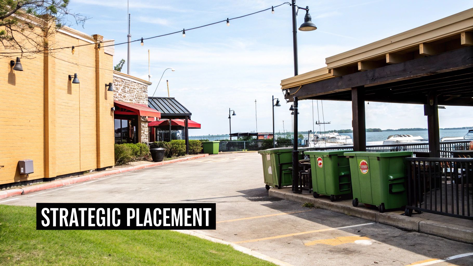 Green dumpsters are strategically placed next to an outdoor restaurant patio overlooking a body of water.