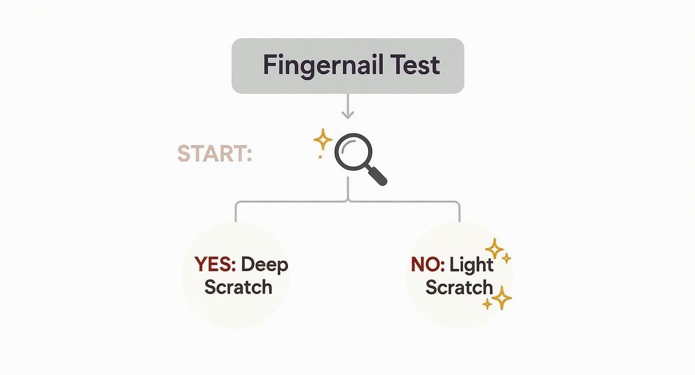 Flowchart showing fingernail test to determine if car scratch is deep or light surface damage