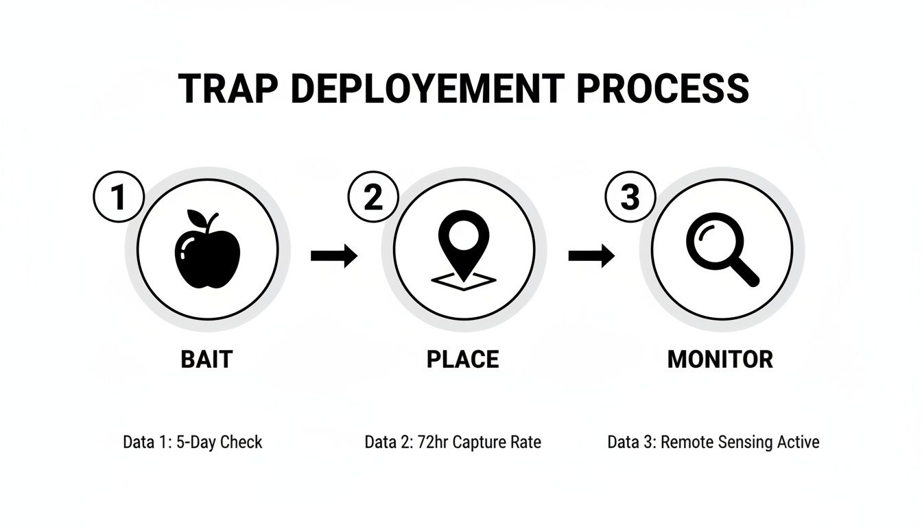 An infographic illustrating the three-step trap deployment process: Bait, Place, and Monitor, with data points.