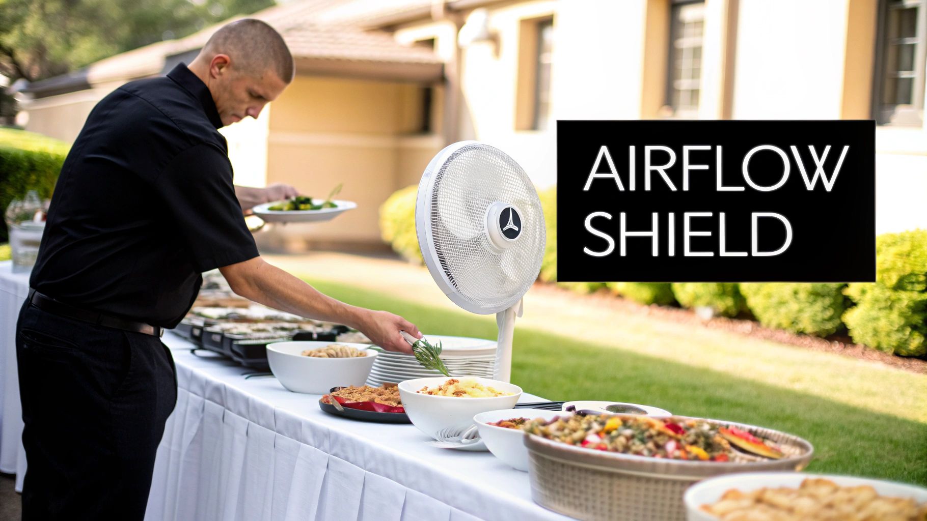 A server arranges food on an outdoor buffet table with a white fan displaying 'AIRFLOW SHIELD'.