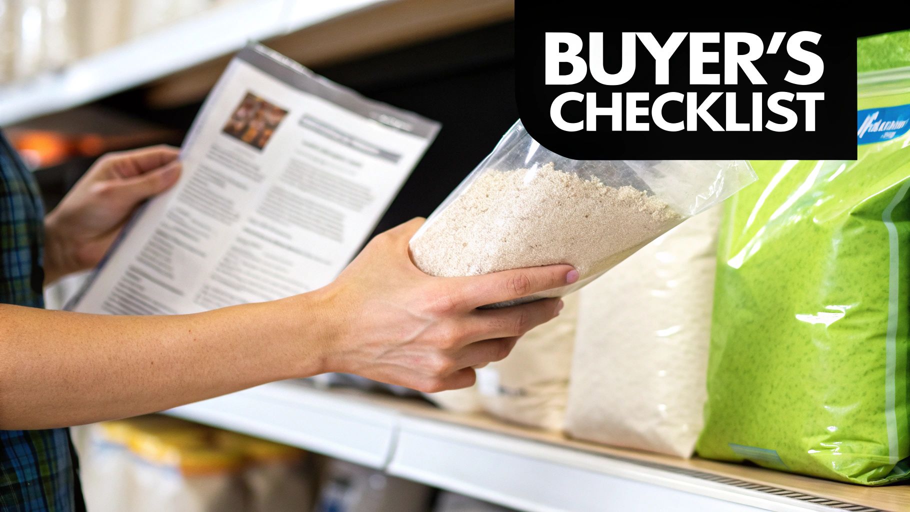 Person reviewing a buyer's checklist while holding a bag of food-grade dry goods on a shelf.