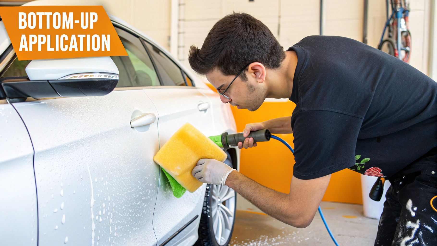 A person spraying thick foam onto a black car with a pressure washer foam cannon