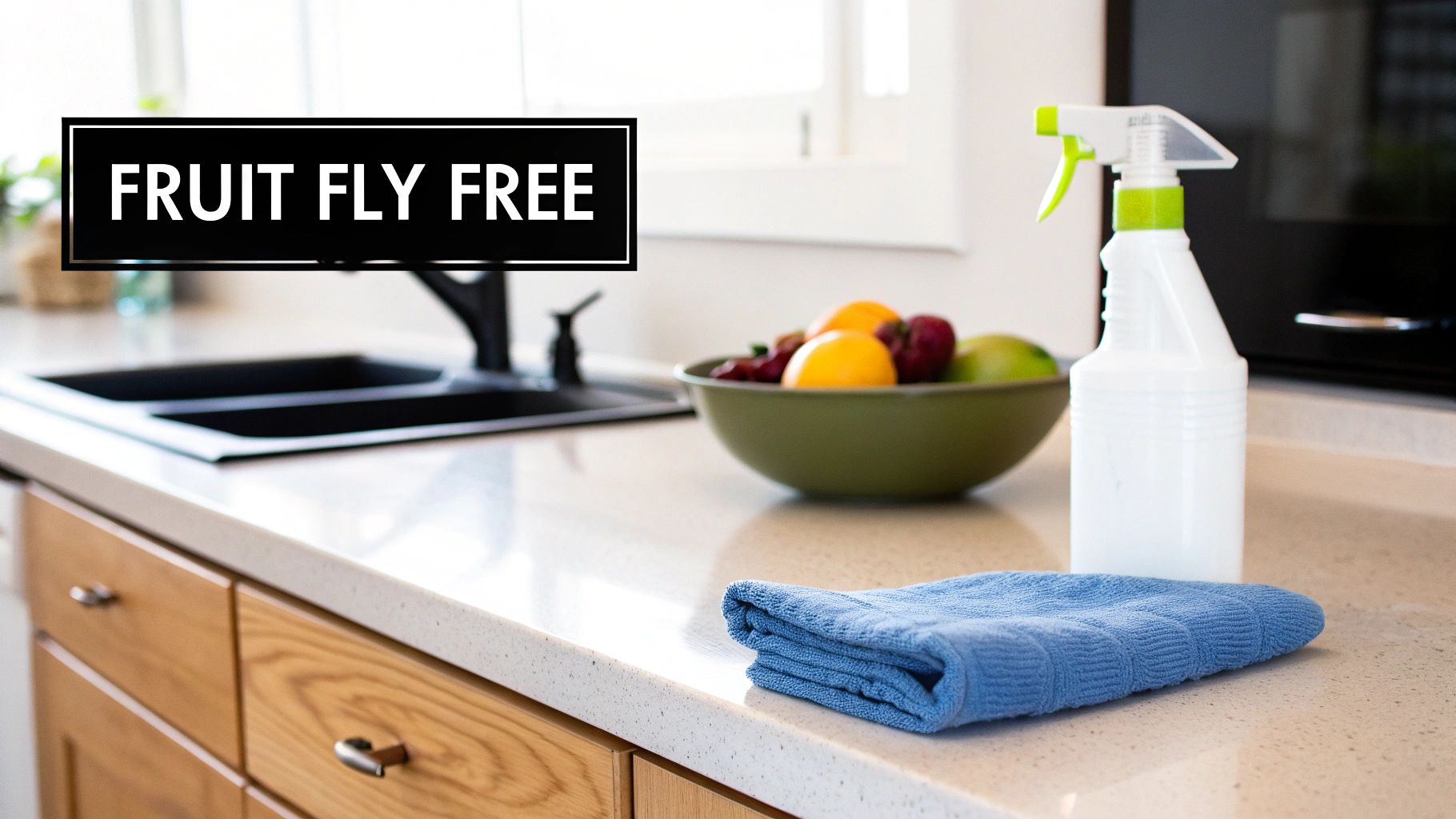 A clean kitchen counter with a fruit bowl, spray bottle, and cloth, featuring 'FRUIT FLY FREE' text.