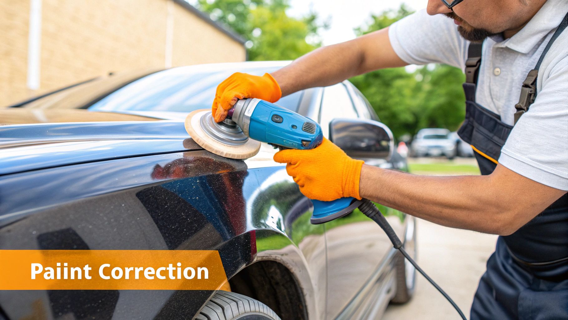 A detailer using a dual-action polisher on a car's hood, bringing out a deep, reflective shine.